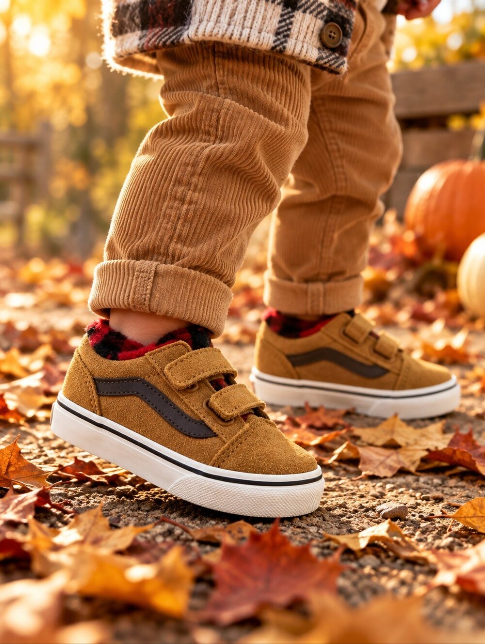 Vans Old Skool V Brown Suede Faux Fur Plaid Toddler 8.5 Velcro NWOB
